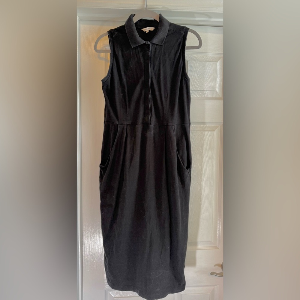 & Other Stories Black Cotton Sleeveless Polo Midi Dress W/ Pleated Pockets Sz 12